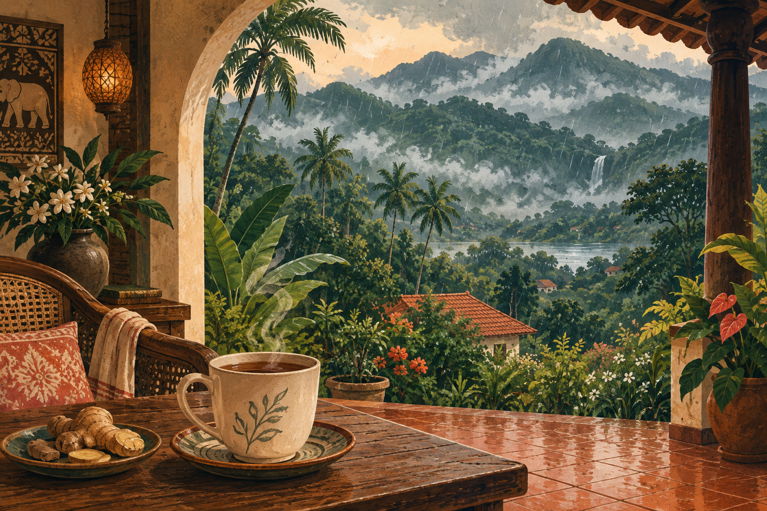 Illustration of a warm ginger brew on a Sri Lankan veranda overlooking rain-softened green mountains