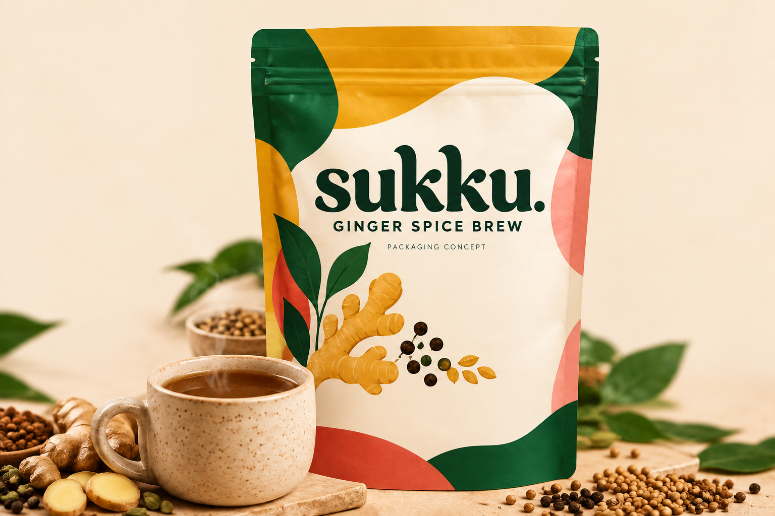 Sukku ginger-spice brew pouch beside a warm ceramic cup